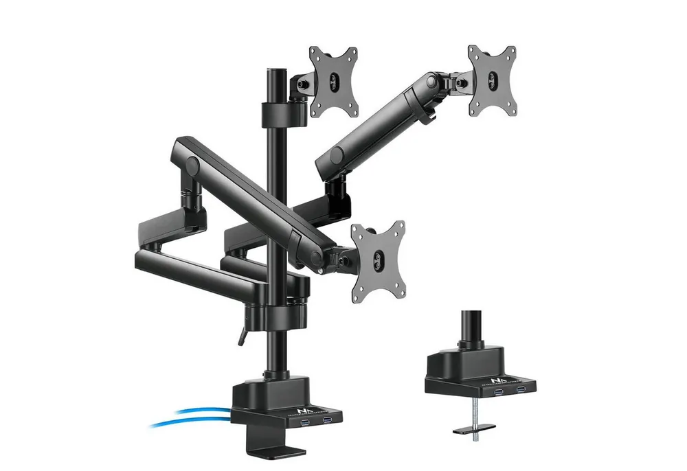 Maclean Monitor-Halterung MC-811 3-fach Monitorhalterung Tisch 17–27 Zoll, (bis 27,00 Zoll, Gasfeder, bis 21 kg, VESA 75x75/100x100, ergonomisch)