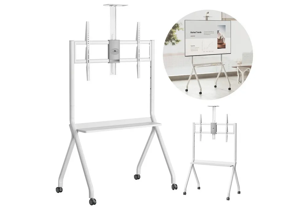 Maclean TV-Ständer MC-114 Wagen TV-Trolley-Ständer mit 55-100'' TV-Halterung, (bis 100 Zoll, Kameraablage, Auf Rädern, max. Belastung 120kg/10kg Ablage)