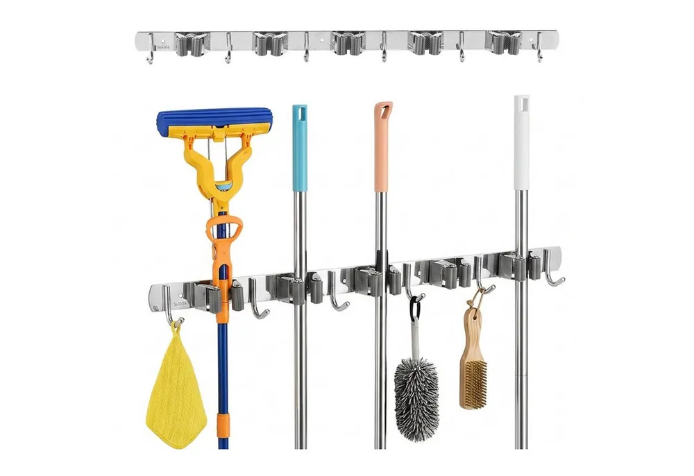 Maclean Wandhalterung MC-185 für Gartengeräte, Mops und Besen 20 kg 60 cm, (mit Haken, Edelstahl SUS304, Abstand zwischen den Haken: 115 mm)