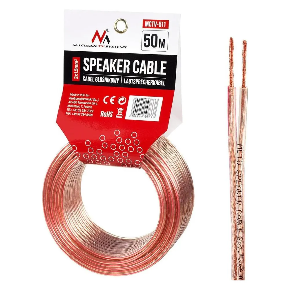Maclean Bobine de câble haut-parleur 2x1,5mm² 50m (Transparent)