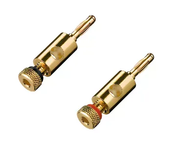 Bananenstecker-Set, 4mm, Vergoldet, Schraubanschluss, 2 Stück, Farbring Rot & Schwarz