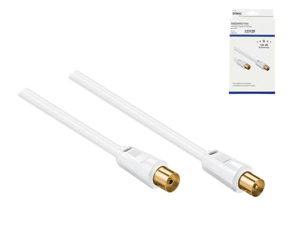 Koaxial Antennenkabel Stecker auf Buchse, vergoldet, vierfach geschirmt, weiß, Länge 5,00m