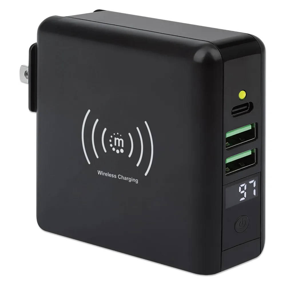 Manhattan 4-in-1 Reiseladegerät und Powerbank 8.000 mAh Ein kabelloses 5 W-Induktionsladepad, zwei 12 W USB-A-