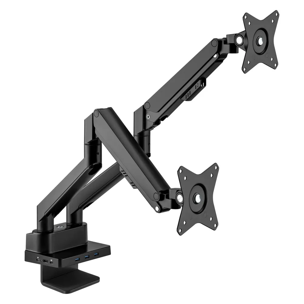 Manhattan Aluminium-Tischhalterung mit Gasdruckfeder für zwei Monitore & 8-in-1-Dockingstation