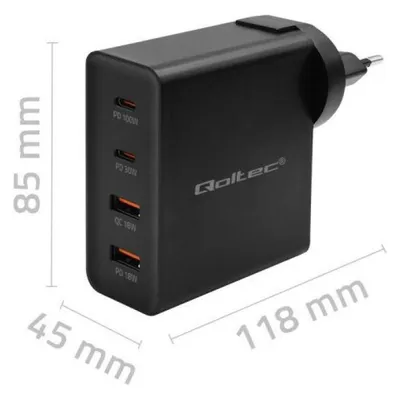 Qoltec Ładowarka GaN POWER PRO 2xUSB-C 2xUSB 130W 5-20V 1.5-3.25A PD Czarna