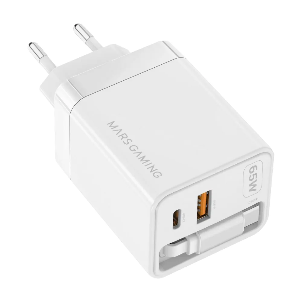 Ladegerät Mars Gaming MD-GAN65R USB-C GaN 65W mit Retraktilkabel weiß