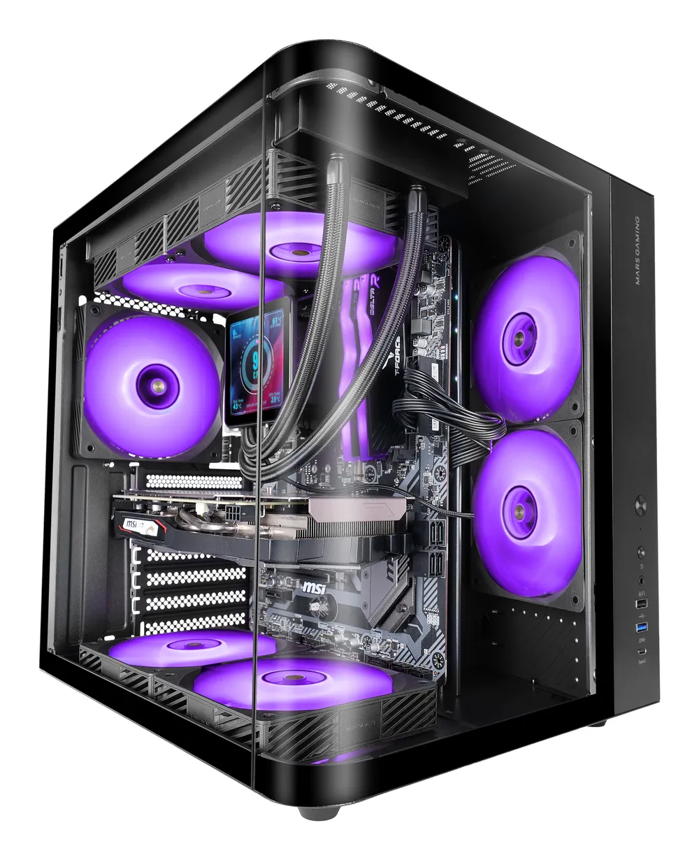 Mars Gaming Mc-curv Gaming-Gehäuse ATX, dreifach gebogen, gehärtetes Glas, Doppelkammer, USB-C, Schwarz