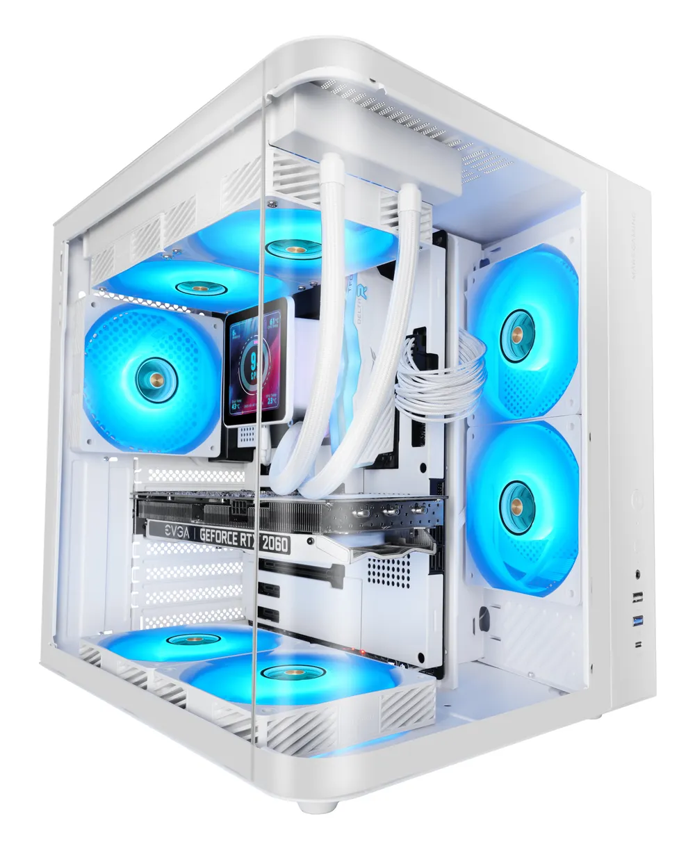 Mars Gaming Mc-curv Gaming-Gehäuse ATX, dreifach gebogen, gehärtetes Glas, Doppelkammer, USB-C, Weiß