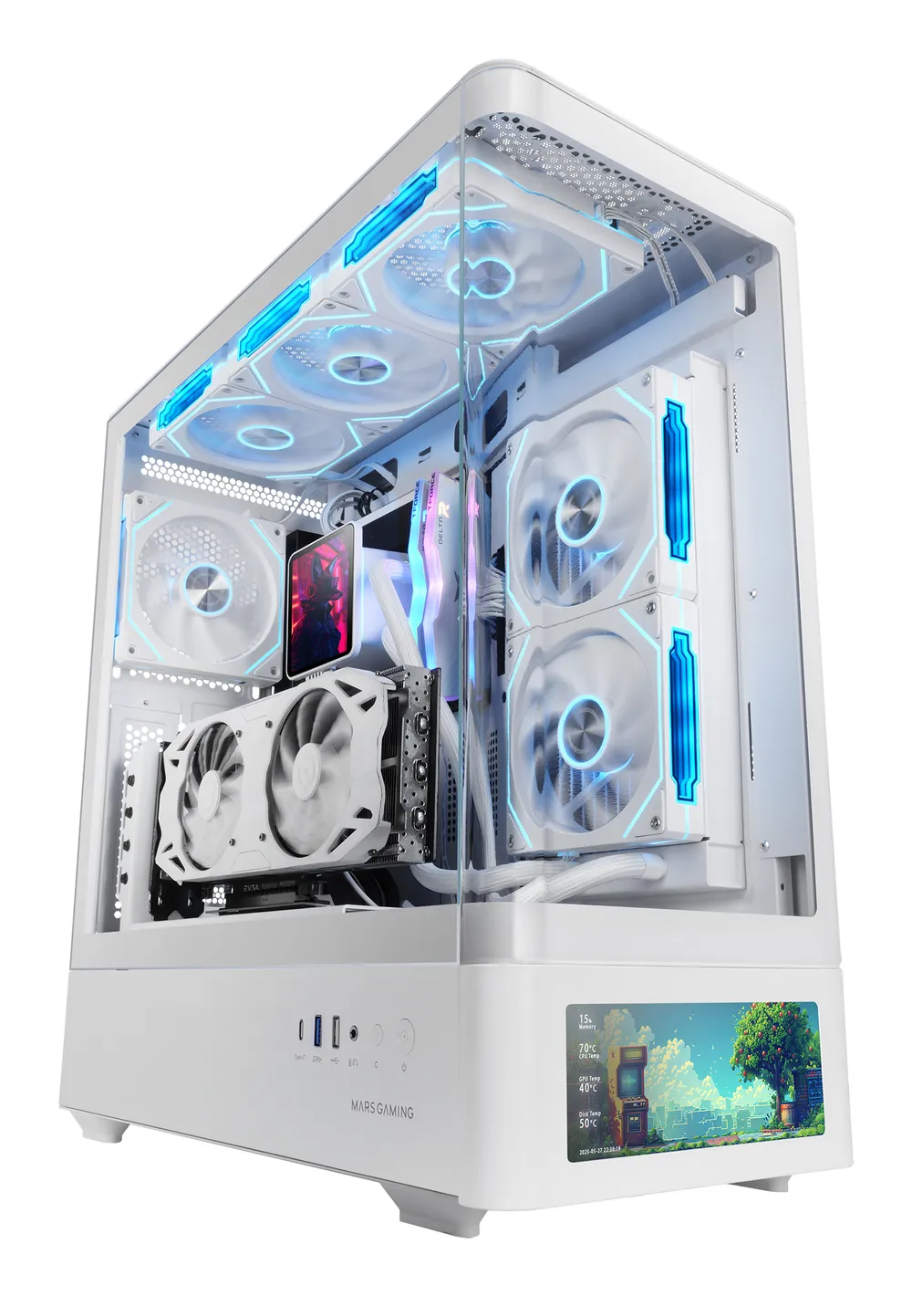 PC-Gehäuse Mars Gaming MC-LCDPRO IPS-Display 7.2 Zoll Weiß Glas USB-C