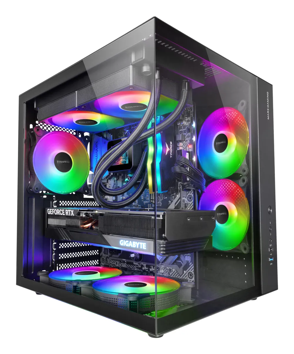 Mars Gaming MCV-ONE ATX-Gaming-Gehäuse, Dual-Hinterlüfter aus gehärtetem Glas, FRGB, 12 cm, Schwarz