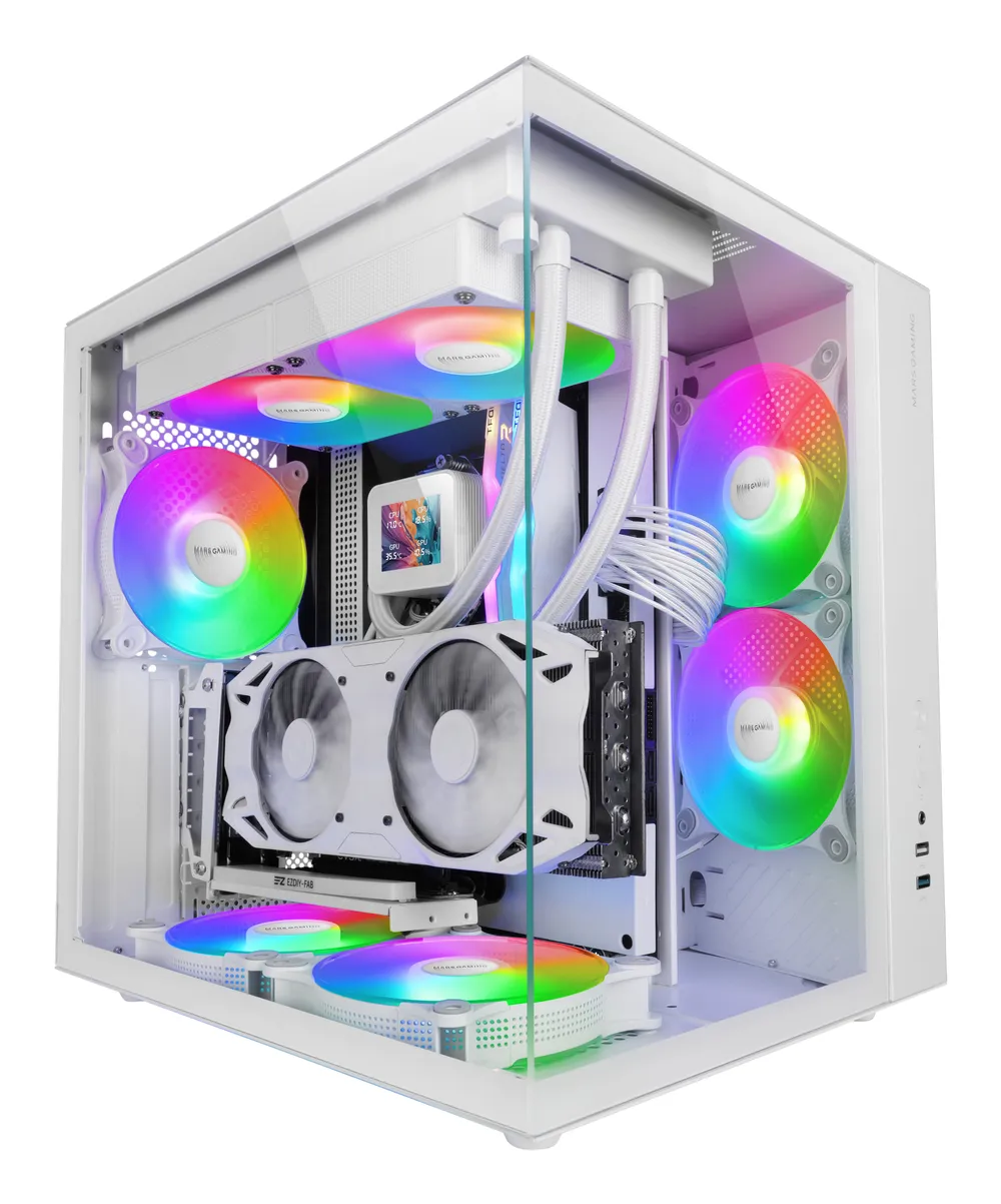Mars Gaming MCV-ONE ATX-Gaming-Gehäuse, Dual-Hinterlüfter aus gehärtetem Glas, FRGB, 12 cm, Weiß