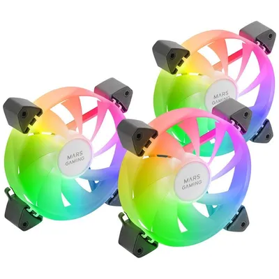 Mars Gaming MF-3A Kit 3x FDB 120 mm ARGB Rainbow 360º Lüfter ohne Rahmen, Doppelanschluss, Schwarz
