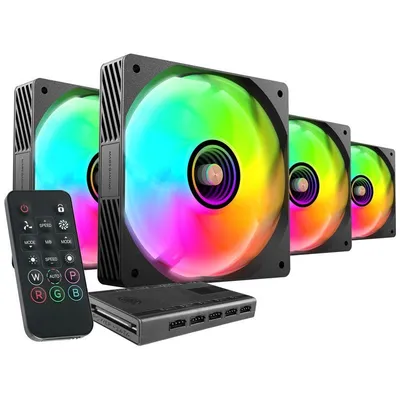 Mars Gaming MF-SI4KIT 4x 120mm ARGB-Lüfter-Kit mit Fernbedienung und Hub, Schwarz