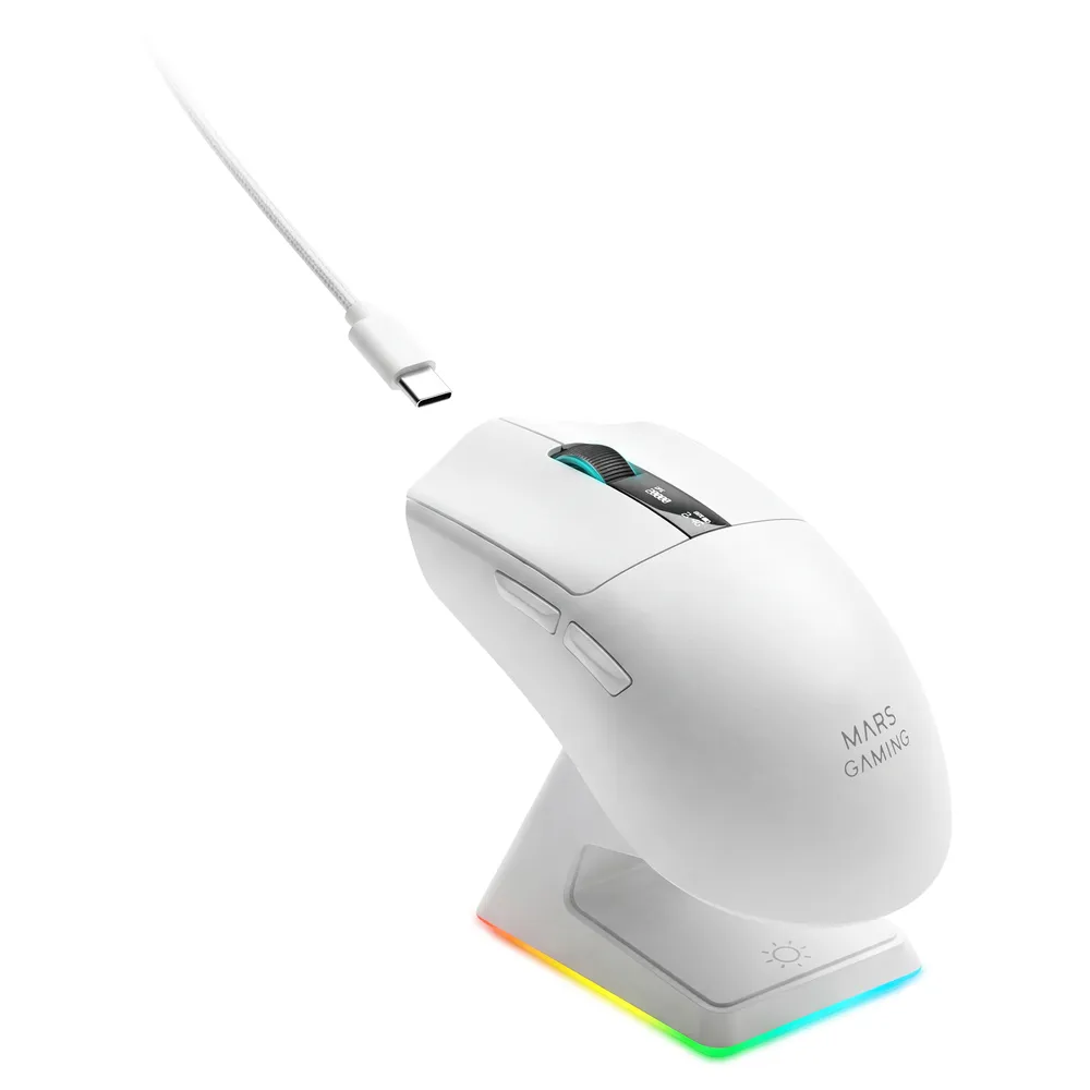Maus Mars Gaming MMW-ELITE Kabellos 20000 DPI Tri-mode Weiß RGB OLED