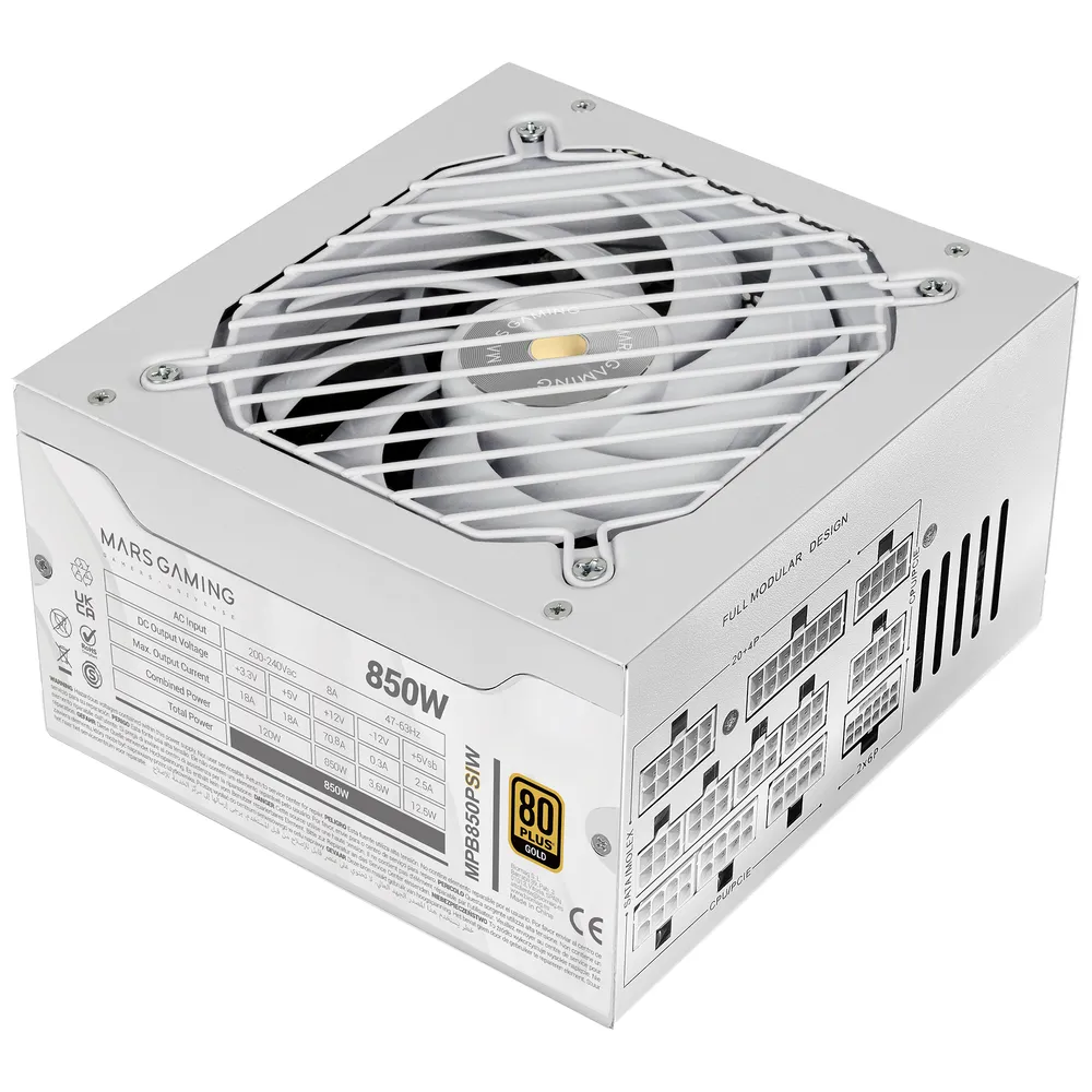 Mars Gaming MPB850PSI Vollmodulares ATX-Netzteil 850W 10 Jahre Garantie 80plus Gold Weiß