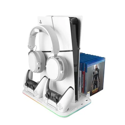 Mars Gaming MPS5-B2 PS5 Slim Standard- und Digital-RGB-Neon-Ständer mit Doppel-Controller-Ladegerät, weiß