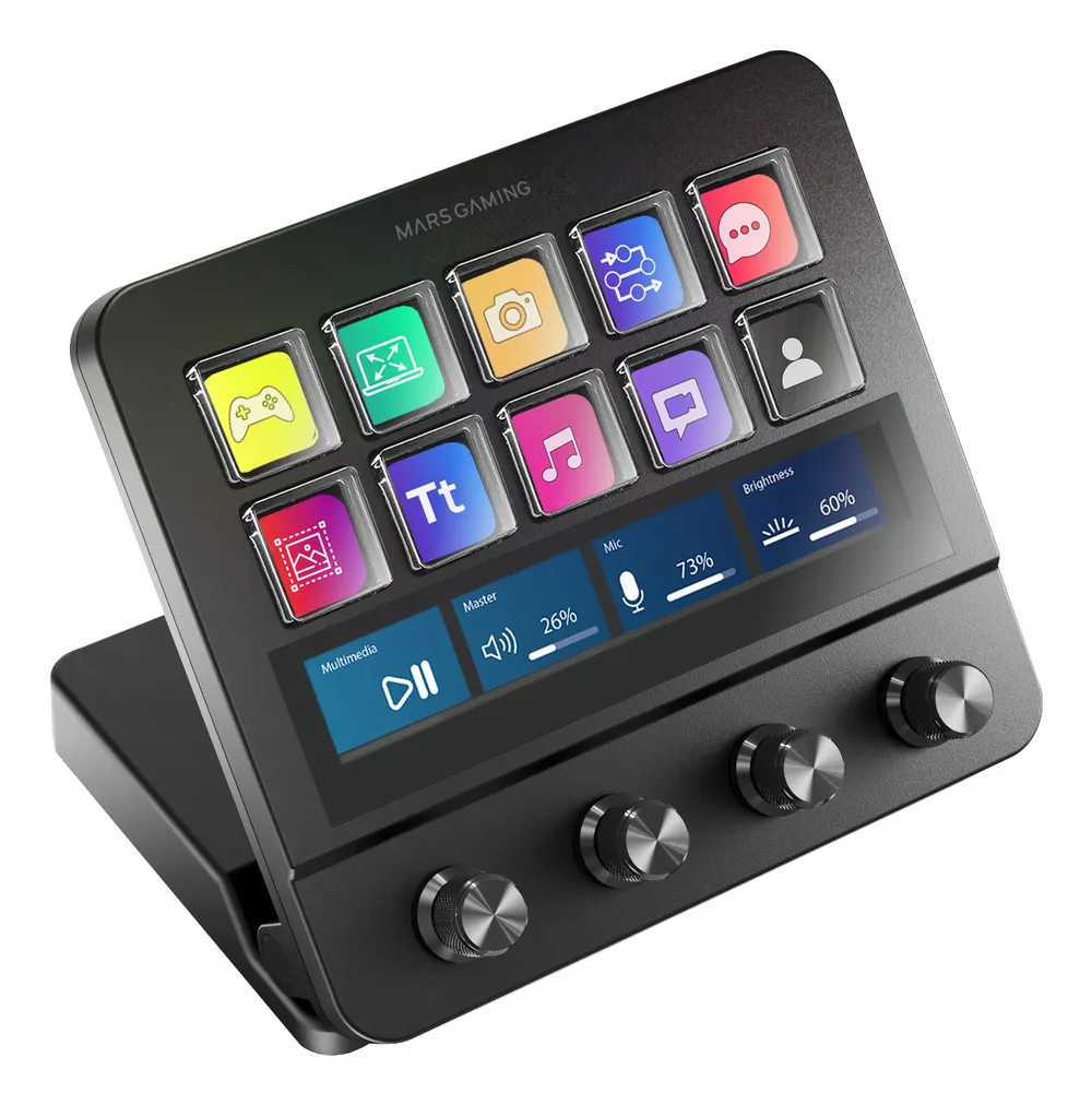 Mars Gaming MSD-Pro Controller-Deck, 10 Tasten, LCD, 4 Drehregler, erweiterter animierter Touchscreen, Schwarz