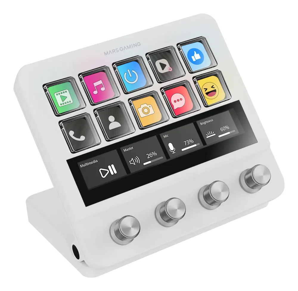 Mars Gaming MSD-Pro Controller-Deck, 10 Tasten, LCD, 4 Drehregler, erweiterter animierter Touchscreen, weiß