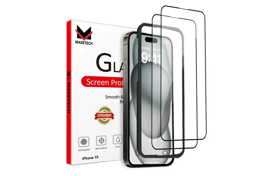 MASETECH Displayschutzfolie iPhone 15 Schutzglas Anti Fingerprint Blasenfrei Klar Kratzfest für Apple iPhone 15, 2er Set, Apple iPhone 15, Kratzfest, Anti-Fingerprint, 2 Stück, Klar