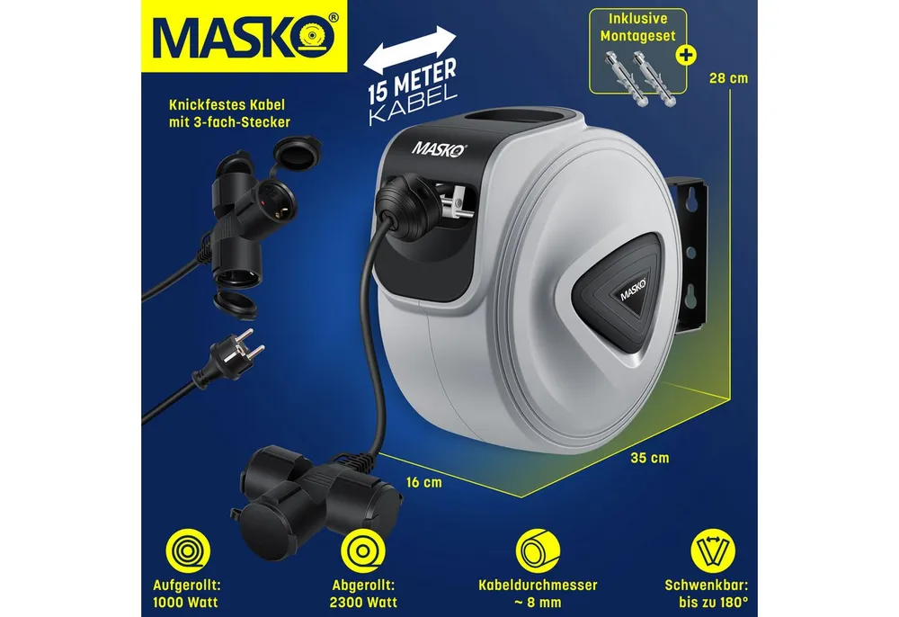 MASKO Verlängerungskabel, (15 cm), Automatik Kabeltrommel Verlängerungskabel mit 3-Fach Anschluss