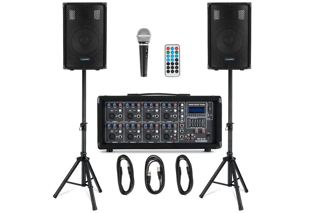 McGrey BP-215 Bandpack PA-Anlage Lautsprechersystem (Bluetooth, 150 W, inkl. 4-Kanal Powermixer - USB/SD-Slot - Mikrofon, Kabel & Stative)