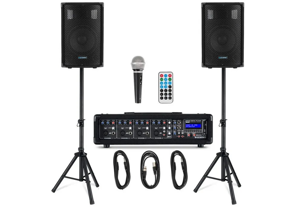 McGrey McGrey BP-210 Bandpack PA-Anlage 100 Watt Lautsprechersystem (Bluetooth, 50 W, inkl. 4-Kanal Powermixer - USB/SD-Slot - Mikrofon, Kabel & Stative)