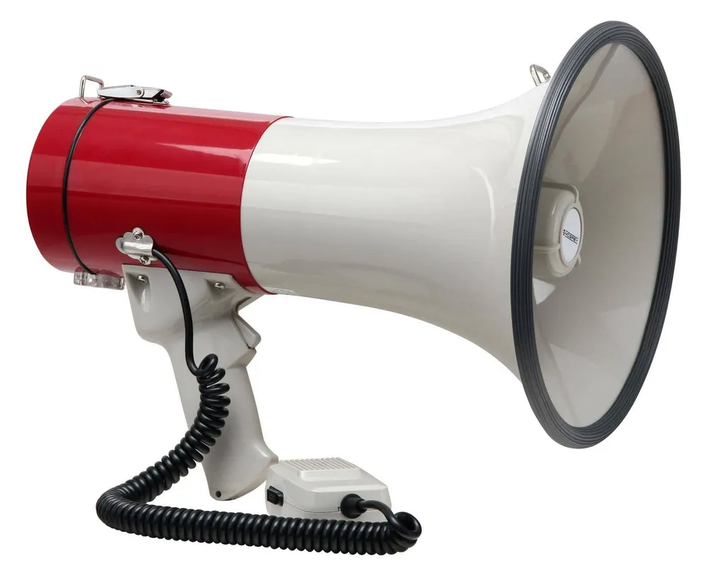 McGrey Megafon Megaphon - Lautsprecher Sprachrohr, 25 Watt RMS bis zu 1km Reichweite, robuste Bauweise, (MP-500HS, Inkl. Tragegurt), Mit Handmikrofon und Sirene