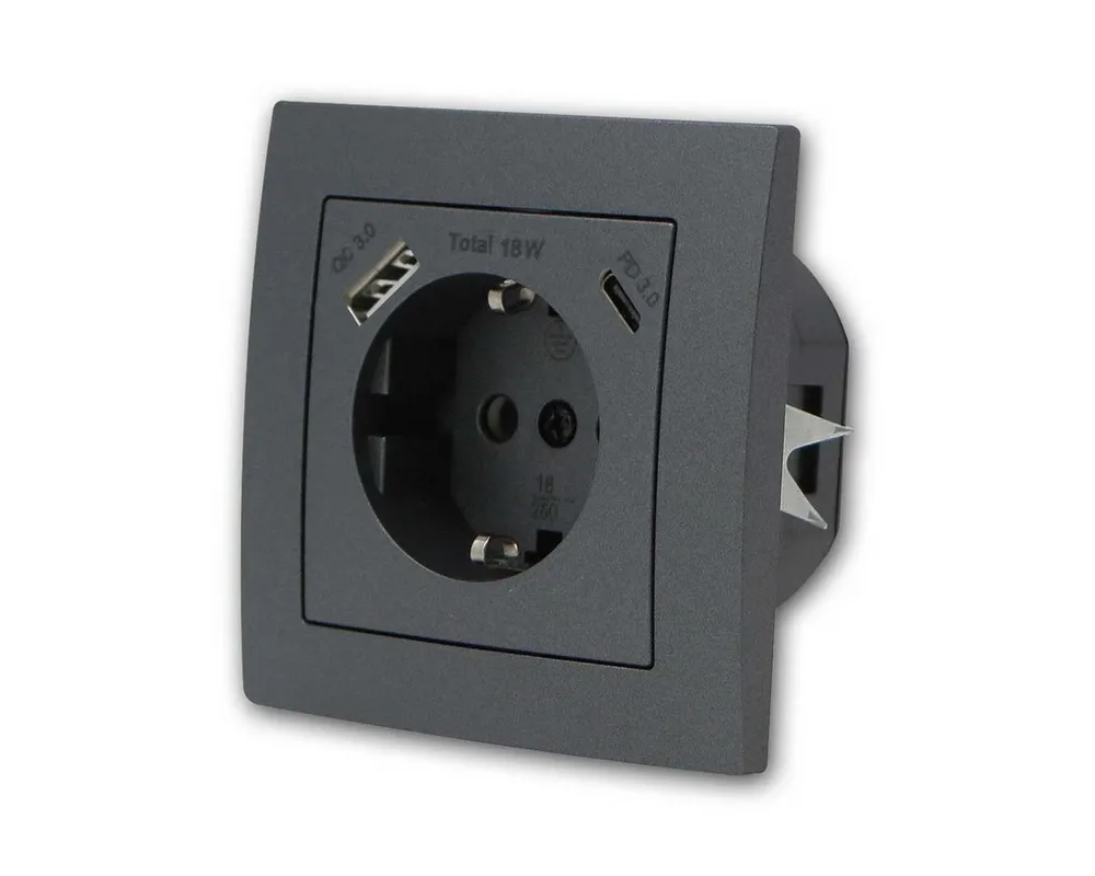 McPower FLAIR Schuko-Steckdose anthraz mit USB-C, m Rahmen USB-Kabel