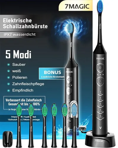 MCURO Elektrische Zahnbürste D36 Schallzahnbürste für Zahnpflege, mit 5 modi 3 Vibrationsstärken, Aufsteckbürsten: 6 St., Electric toothbrush für Erwachsene,Zähne reinigen wie ein Zahnarzt, Reise Zahnbürsten mit 6 Zahnbürstenkopf, Timer