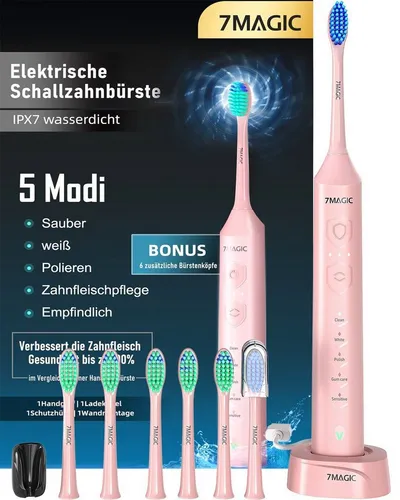 MCURO Elektrische Zahnbürste D36 Schallzahnbürste für Zahnpflege, mit 5 modi 3 Vibrationsstärken, Aufsteckbürsten: 6 St., Electric toothbrush für Erwachsene,Zähne reinigen wie ein Zahnarzt, Reise Zahnbürsten mit 6 Zahnbürstenkopf, Timer