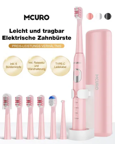 MCURO Elektrische Zahnbürste Schallzahnbürste für Zahnpflege 40000 VPM, 5 Putzmodi, Aufsteckbürsten: 6 St., Reise Zahnbürsten,Timer,TYPE-C aufladbar