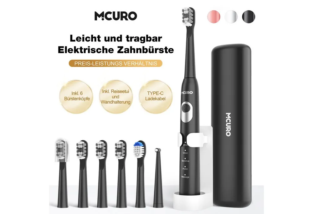 MCURO Schallzahnbürste Schallzahnbürste für Zahnpflege 40000 VPM, 5 Putzmodi, Aufsteckbürsten: 6 St., Reise Zahnbürsten,Timer,TYPE-C aufladbar