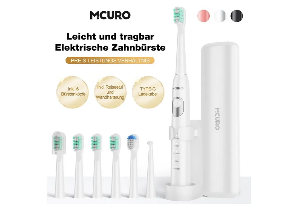 MCURO Schallzahnbürste Schallzahnbürste für Zahnpflege 40000 VPM, 5 Putzmodi, Aufsteckbürsten: 6 St., Reise Zahnbürsten,Timer,TYPE-C aufladbar