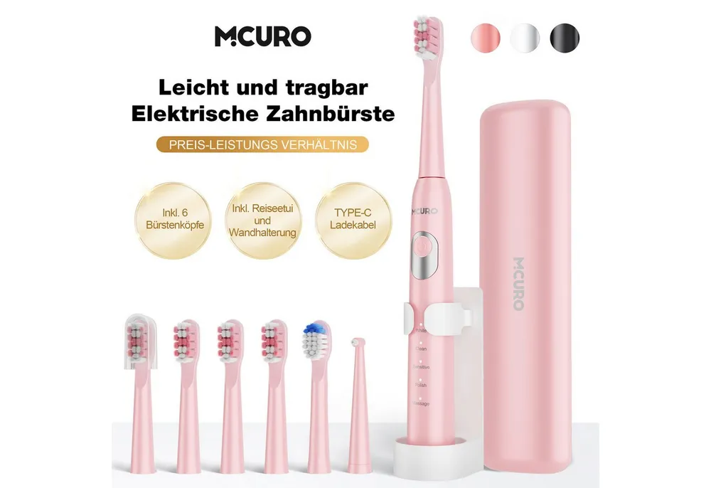 MCURO Schallzahnbürste Schallzahnbürste für Zahnpflege 40000 VPM, 5 Putzmodi, Aufsteckbürsten: 6 St., Reise Zahnbürsten,Timer,TYPE-C aufladbar