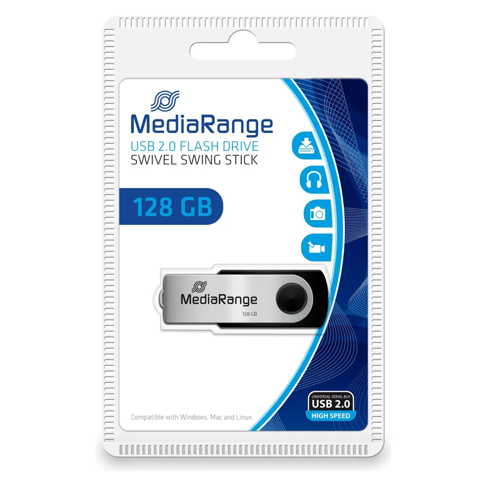 USB-Stick MediaRange MR913 128 GB USB 2.0 Typ A Drehbar Schwarz Silber