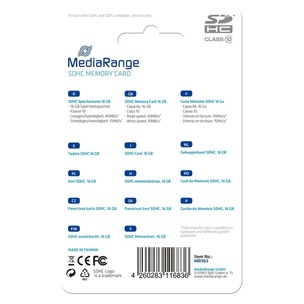 Speicherkarte MEDIARANGE MR963 16 GB SDHC Klasse 10 Blau