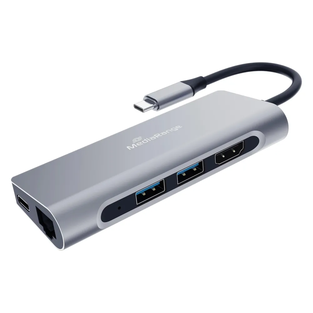MediaRange USB-C Hub 7in1 Silber 2xUSB 3.2 HDMI RJ45 SD USB-C 60W Stromversorgung