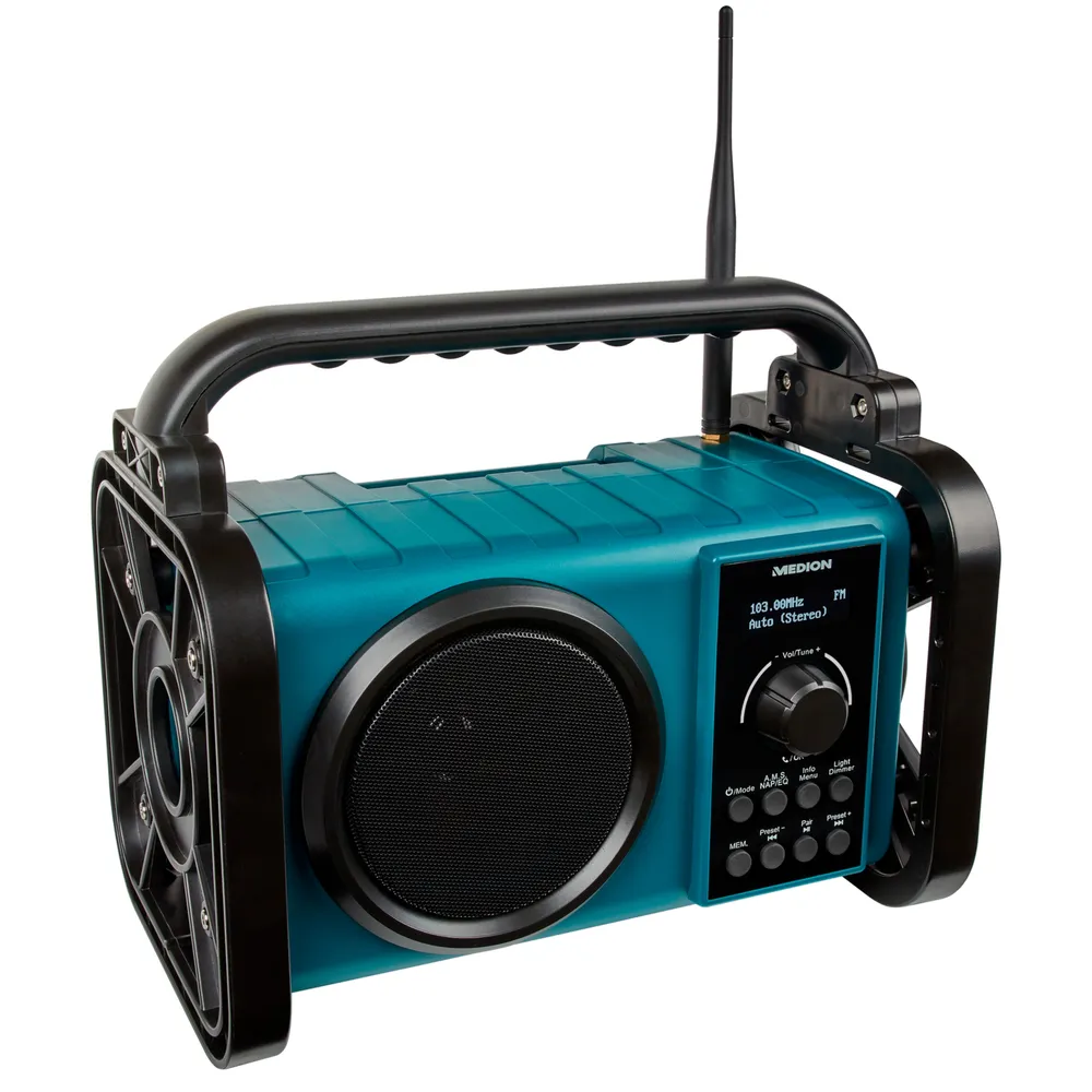 Medion® Baustellenradio MEDION® LIFE® E66877 (MD43877) Baustellenradio (AM/FM, MW/UKW, DAB+, 5 W, integrierter Akku, LED-Arbeitslicht, Bluetooth 5.0, IP44-Schutz)