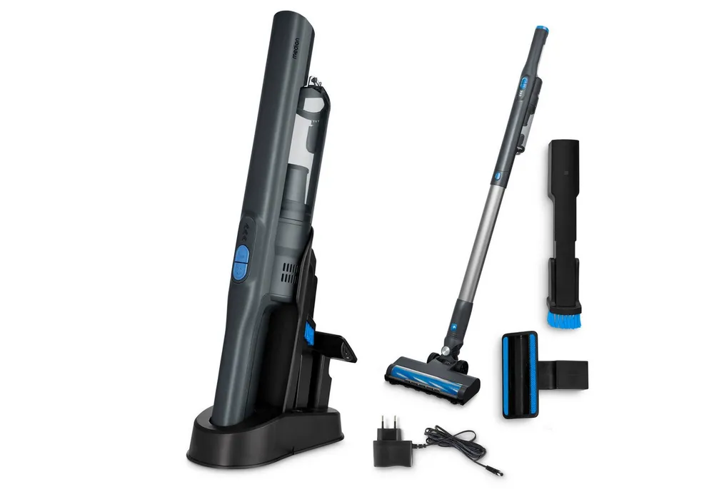 Medion® Handstaubsauger mit Saugrohr und Bodenbürste 2in1 (MD11515), 200 W, beutellos, Akku, kabellos, fürs Auto, HEPA-13-Filter, mit Ladestation