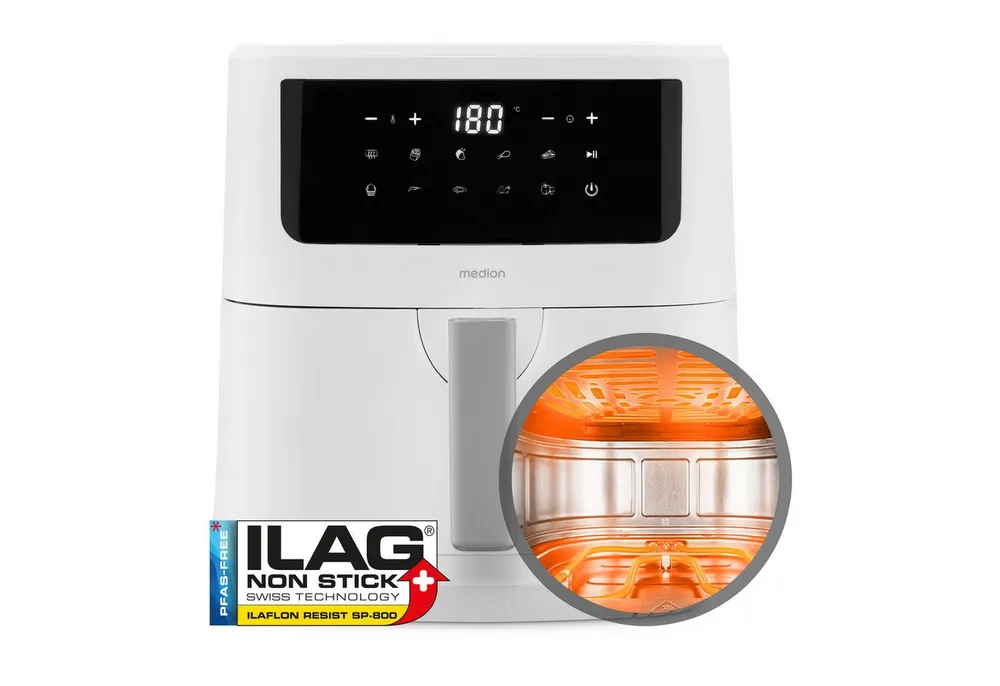 Medion® Heißluftfritteuse MD 11750 P10 XL Duo, 2000 W, Temperatur einstellbar 50 - 200 °C, ILAG Beschichtung, Timer
