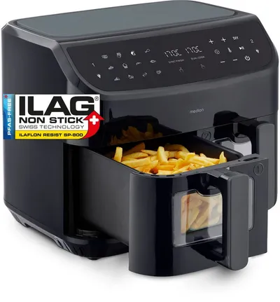 Medion® Heißluftfritteuse MD11760 P20 XXL, 2 separat gesteuerte Garkammern, Touch Display, 2400 W, Temperatur 50 - 200 °C, ILAG Beschichtung, Sync-Finish