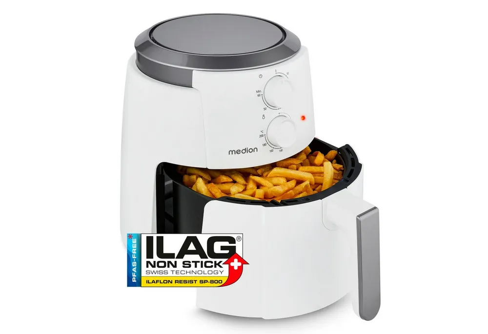 Medion® Heißluftfritteuse MD13020, 1500 W, 4,7 Liter, 60 Min Timer, bis 200°C, Antihaft-Beschichtung, schwarz