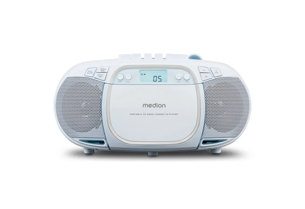 Medion® Kassetten Player (An/Aus Anzeige, Audiokassetten, AUX-Eingang, Batteriebetrieben, CD-Player, CD-R-Wiedergabe, CD-RW-Wiedergabe, FM-Radio, Digitalanzeige, Kassettenwiedergabe, USB, Tragbar, Stereo, Radio, MP3 CD-Wiedergabe, On/Off Switch, MW/UKW Radio, Netzbetrieben, Lautstärkeregelung, 2x 20W max., LC-Display, 30 Senderspeichern, USB)