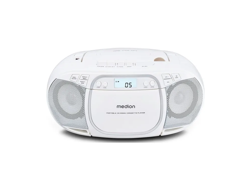 Medion® Kassetten Player (An/Aus Anzeige, Audiokassetten, AUX-Eingang, Batteriebetrieben, CD-Player, CD-R-Wiedergabe, CD-RW-Wiedergabe, FM-Radio, Digitalanzeige, Kassettenwiedergabe, USB, Tragbar, Stereo, Radio, MP3 CD-Wiedergabe, On/Off Switch, MW/UKW Radio, Netzbetrieben, Lautstärkeregelung, 2x 20W max., LC-Display, 30 Senderspeichern, USB)