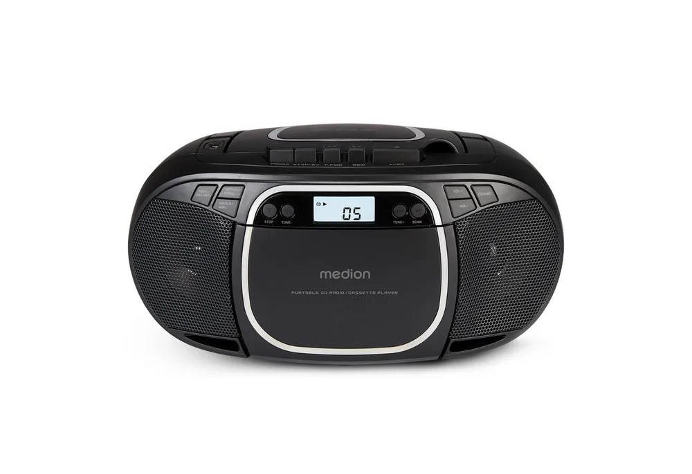 Medion® Kassetten Player (An/Aus Anzeige, Audiokassetten, AUX-Eingang, Batteriebetrieben, CD-Player, CD-R-Wiedergabe, CD-RW-Wiedergabe, FM-Radio, Digitalanzeige, Kassettenwiedergabe, USB, Tragbar, Stereo, Radio, MP3 CD-Wiedergabe, On/Off Switch, MW/UKW Radio, Netzbetrieben, Lautstärkeregelung, 2x 20W max., LC-Display, 30 Senderspeichern, USB)