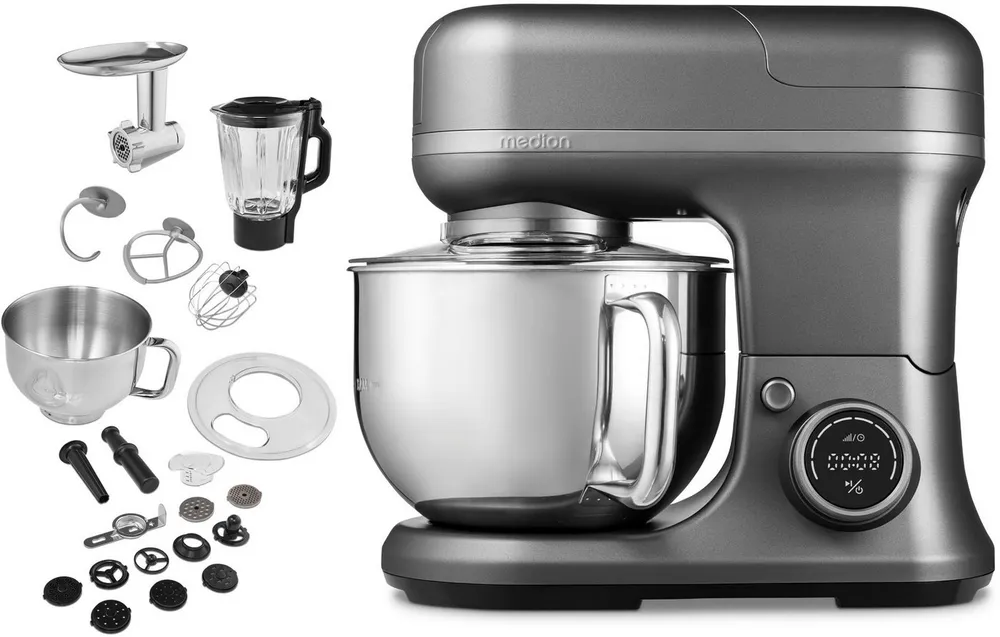 Medion® Küchenmaschine MD 18430, 1200 W, 5 l Schüssel, Mit umfangreichem Zubehör-Set, Mixeraufsatz, Fleischwolf-Aufsatz