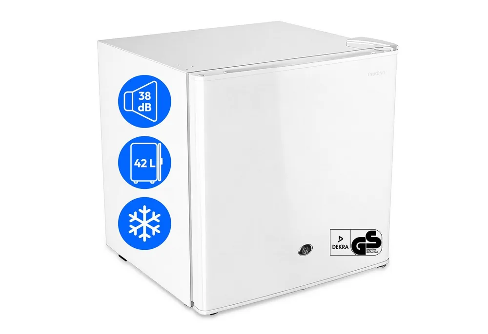 Medion® Kühlschrank MD370001, 50 cm hoch, 48 cm breit, 42 L Gesamtnutzinhalt, wechselbarer Türanschlag, Schloss