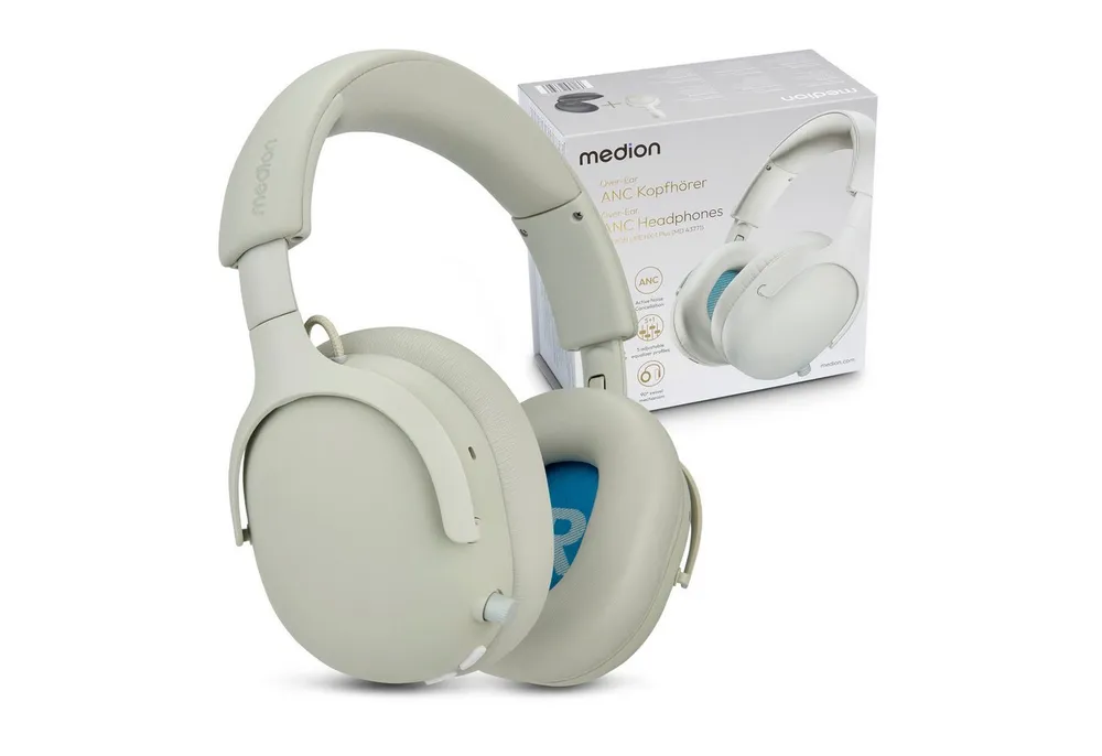 Medion® LIFE HX-1 Plus Over Ear-Kopfhörer (MD43771) Kopfhörer (An/Aus Anzeige, Austauschbare Ohrpolster, AUX-Eingang, Bluetooth, Drahtlos, Drehbare Ohrmuscheln, Integrierte Akku, LED-Beleuchtung, Spritzwasserschutz, USB-Ladefunktion, via Wiedergabegerät, A2DP, AVRCP, HSP, HFP, 100 Std. Akku,Noise Cancelling,Bluetooth 6.0,IPX4 Spritzwasserschutz)