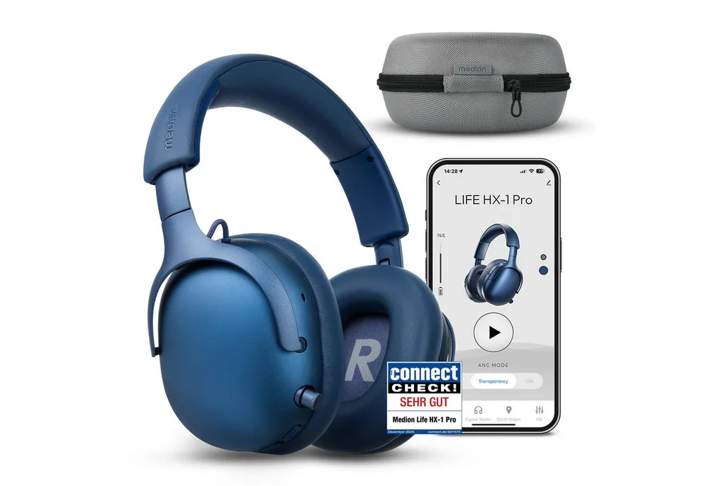 Medion® LIFE HX-1 Pro Over Ear-Kopfhörer (MD43772) Kopfhörer (An/Aus Anzeige, Austauschbare Ohrpolster, AUX-Eingang, Bluetooth, Drahtlos, Drehbare Ohrmuscheln, Integrierte Akku, LED-Beleuchtung, Spritzwasserschutz, USB-Ladefunktion, Bluetooth 6.0)