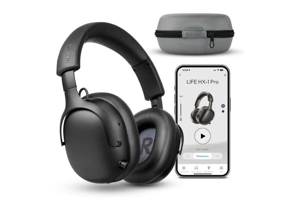 Medion® LIFE HX-1 Pro Over Ear-Kopfhörer (MD43772) Kopfhörer (An/Aus Anzeige, Austauschbare Ohrpolster, AUX-Eingang, Bluetooth, Drahtlos, Drehbare Ohrmuscheln, Integrierte Akku, LED-Beleuchtung, Spritzwasserschutz, USB-Ladefunktion, Bluetooth 6.0)